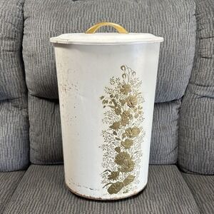 Vintage Ransburg Metal Oval Laundry Bin Hamper White Gold Flowers Footed W/ Lid